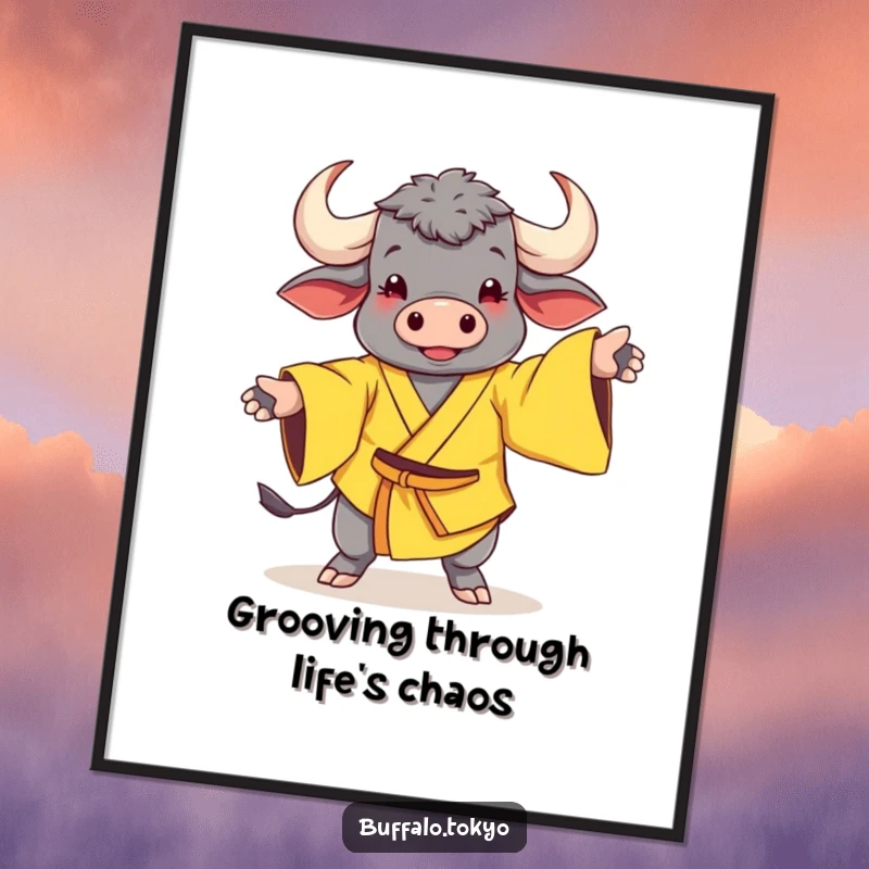 Funny Free Printable Wall Art: a cheerful buffalo in a yellow kimono with wide sleeves dances whimsically.