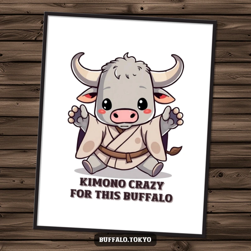 Funny Free Printable Wall Art: Stylized Buffalo in Kimono Striking a Dynamic Martial Arts Pose, Ready to Decorate Your Walls!