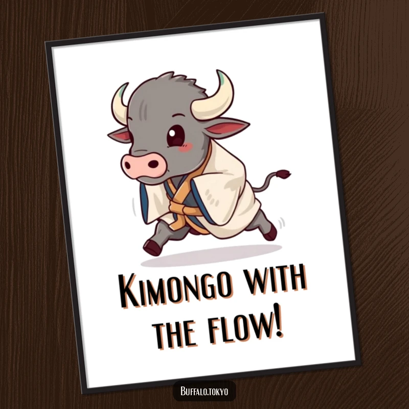 Funny Free Printable Wall Art: A powerful buffalo is captured mid-stride in a dazzling, dynamic kimono, radiating energy and style.
