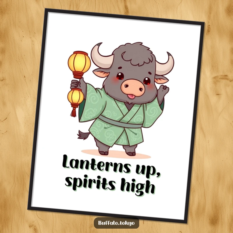 Funny Free Printable Wall Art: a chunky buffalo in a green kimono joyfully tosses a small, glowing lantern.