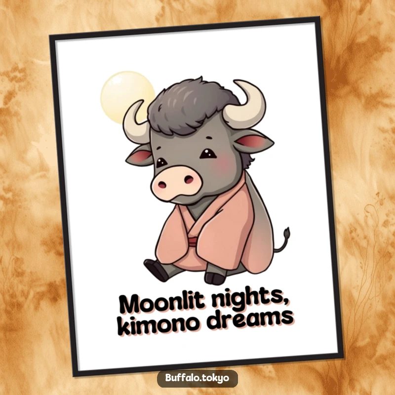 Funny Free Printable Wall Art: Contented Buffalo in Kimono Gazing Up at a Stylized Moon, Perfect for Calm Decor!
