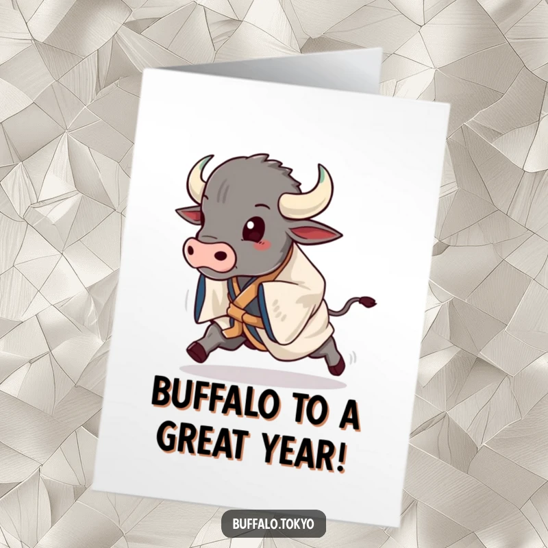 Funny Free Printable Birthday Card: Energetic Buffalo in a colorful kimono, striking a powerful stride, ready to celebrate.