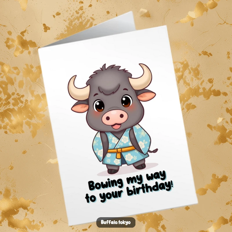 Funny Free Printable Birthday Card featuring a stout buffalo in a blue floral kimono, bowing with a smile.