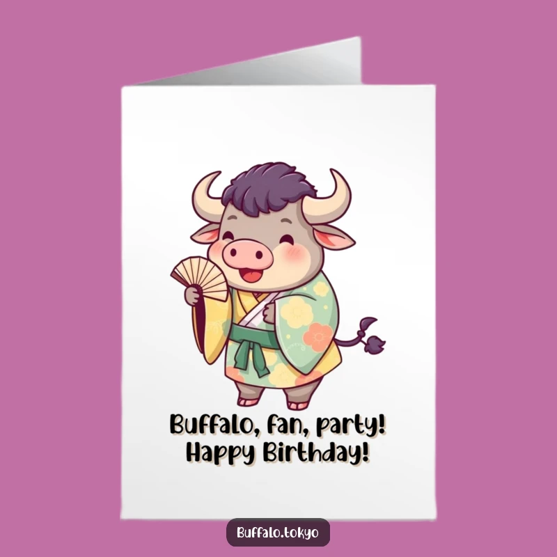 Free Printable Birthday Card: Funny Buffalo in Kimono, Tossing Fan, Festive Downloadable