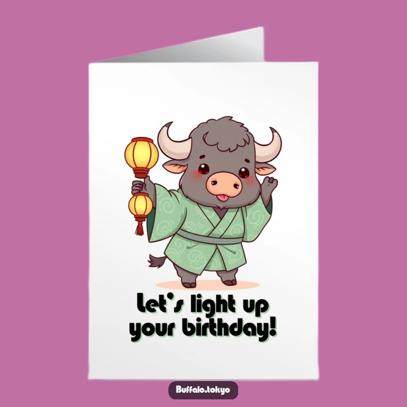 Free Printable Birthday Card: Playful Buffalo with Lantern - Funny Downloadable Gift