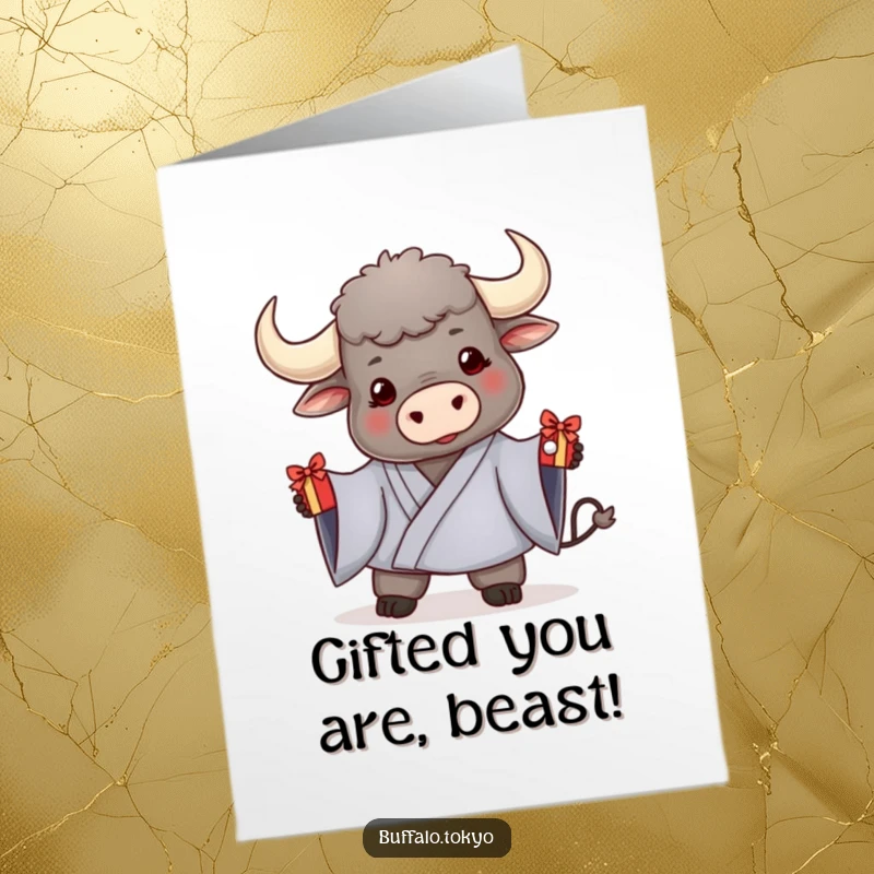 Funny Free Printable Congratulations Card: Friendly Buffalo in Kimono Offering a Decorated Gift, Celebrating Accomplishments with a Smile!
