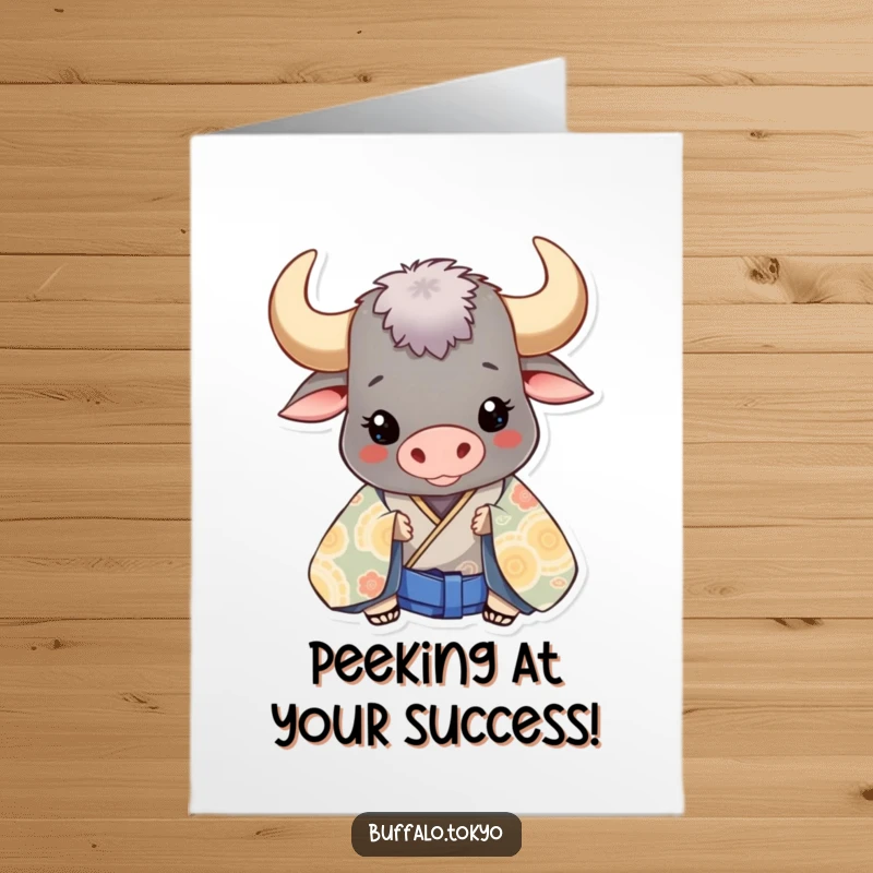 Funny Free Printable Congratulations Card: A smiling buffalo character's head is playfully peeking from behind a large, colorful, patterned kimono.