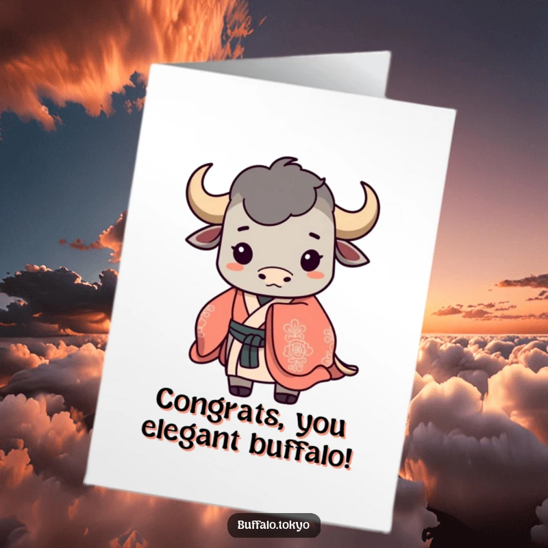 Funny Free Printable Congratulations Card featuring a stylized buffalo silhouette in a flowing, ornate kimono, perfect for celebrating achievements.