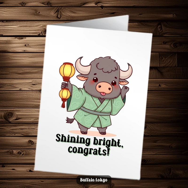 Funny Free Printable Congratulations Card: a chunky buffalo in a green patterned kimono tosses a small, glowing lantern.