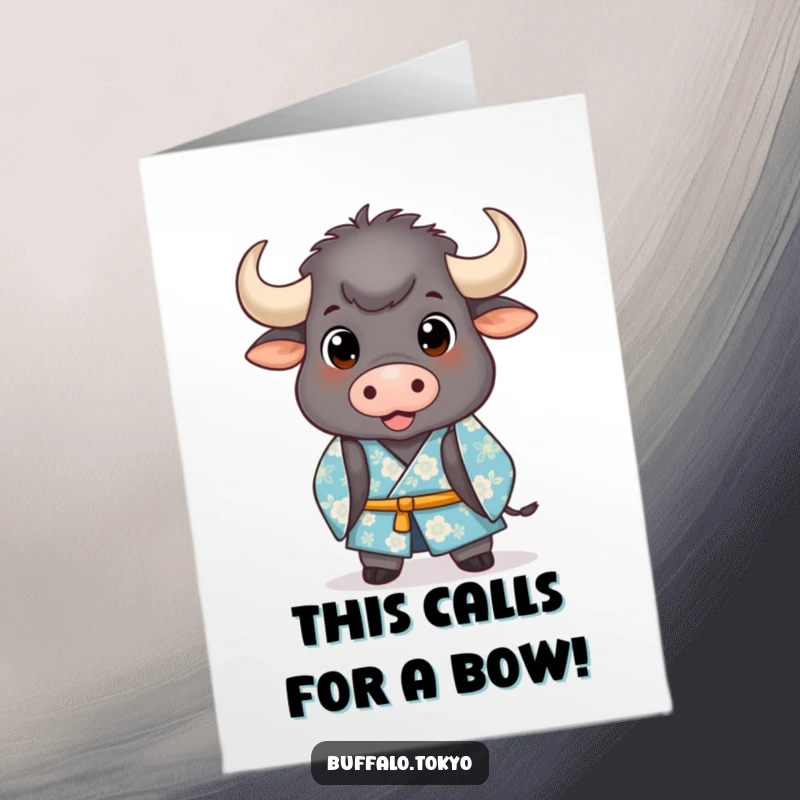 Funny Free Printable Congratulations Card: a stout buffalo in a blue kimono takes a dignified bow.