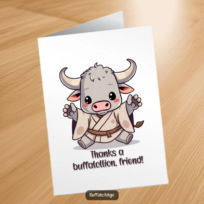 Funny Free Printable Thank You Card: Buffalo in Kimono Bowing Gracefully, Expressing Heartfelt Gratitude with a Wink!