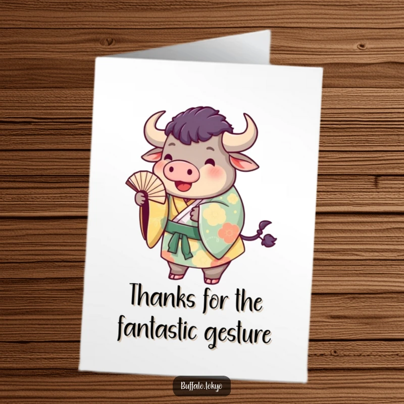 Funny Free Printable Thank You Card featuring a plump buffalo in a colorful kimono playfully tossing a fan, a unique way to say thanks.