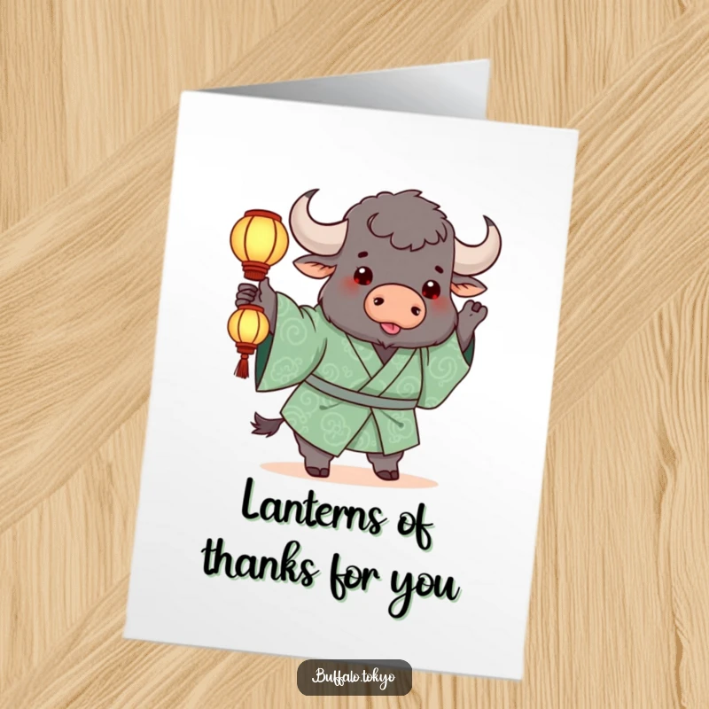 Funny Free Printable Thank You Card: a chunky buffalo in a green kimono playfully tosses a small, glowing lantern.