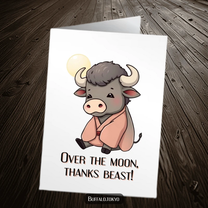 Funny Free Printable Thank You Card: Contented Buffalo in Kimono Gazing at the Moon, Expressing Thanks Sereneley!