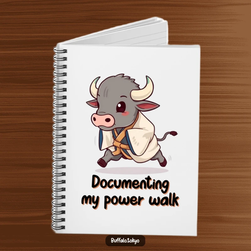 Funny buffalo in a dynamic, striking kimono mid-stride, featured on a humorous notebook cover.