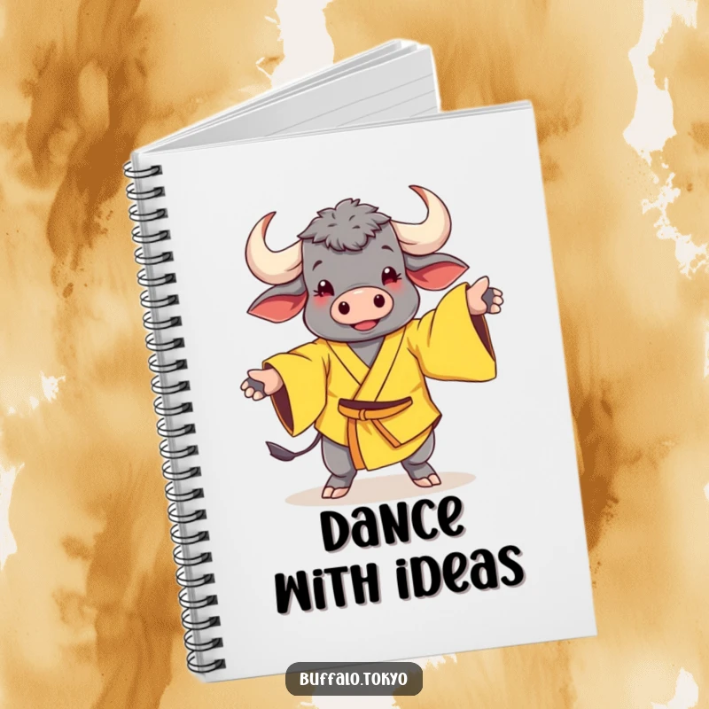 Funny Notebook: A cheerful buffalo in a yellow kimono with wide sleeves in a fun dance pose for writing.