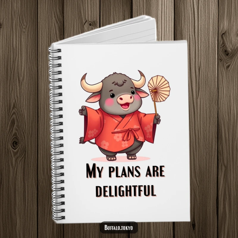 Funny Buffalo Kimono Notebook with a plump, round buffalo wearing a vibrant red kimono and twirling a delicate paper fan, ideal for writing and sketching.