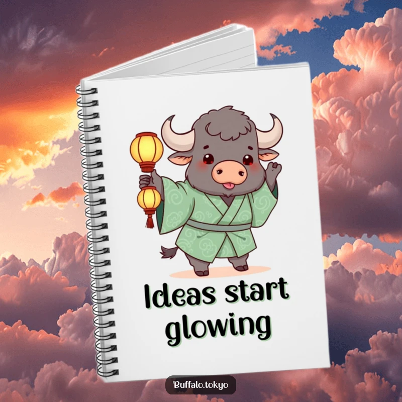 Funny Notebook: A chunky buffalo in a green kimono playfully tossing a small, glowing lantern for note-taking.