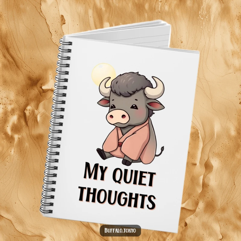 Funny notebook with a contented buffalo in a kimono, gazing at a stylized moon, ideal for capturing serene thoughts.