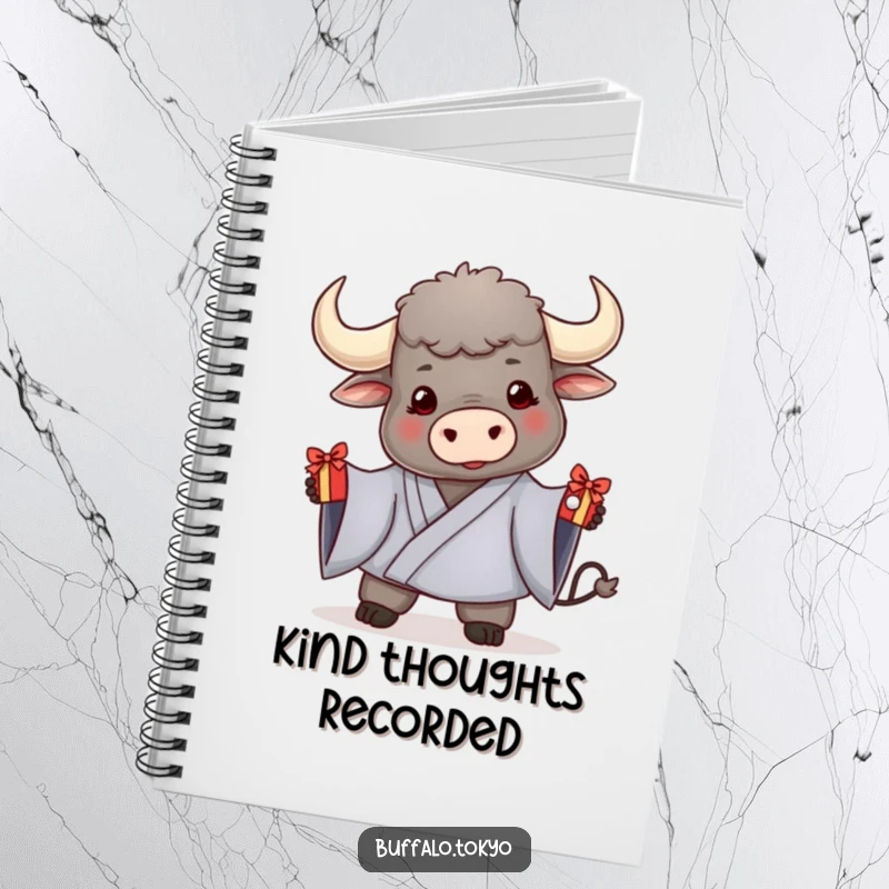 Funny notebook with a friendly buffalo in a kimono, offering a decorated gift, ideal for recording generous thoughts.