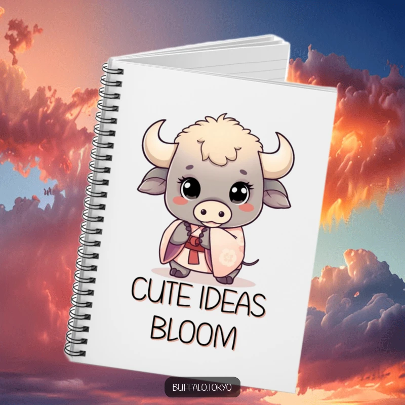 Funny kawaii buffalo notebook featuring a cute buffalo with wide eyes holding a delicate kimono sleeve on its cover.