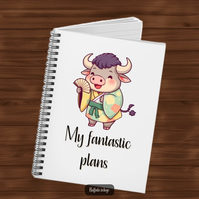 Funny buffalo kimono notebook featuring a plump buffalo in a colorful kimono, playfully tossing a fan on its cover.