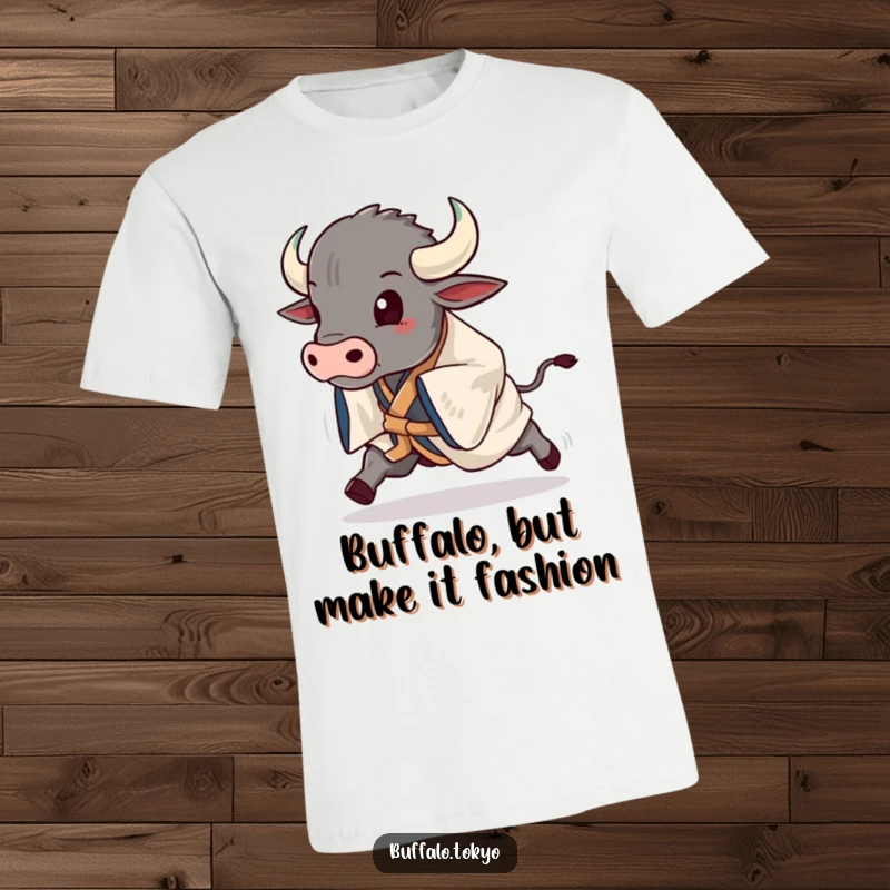 Funny buffalo in a striking kimono, captured mid-stride with dynamic energy, perfect for a humorous t-shirt gift.