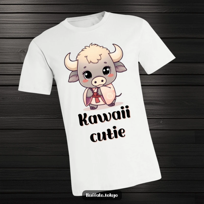 Funny t-shirt featuring a kawaii buffalo with wide, innocent eyes, holding a delicate kimono sleeve. Utterly adorable.
