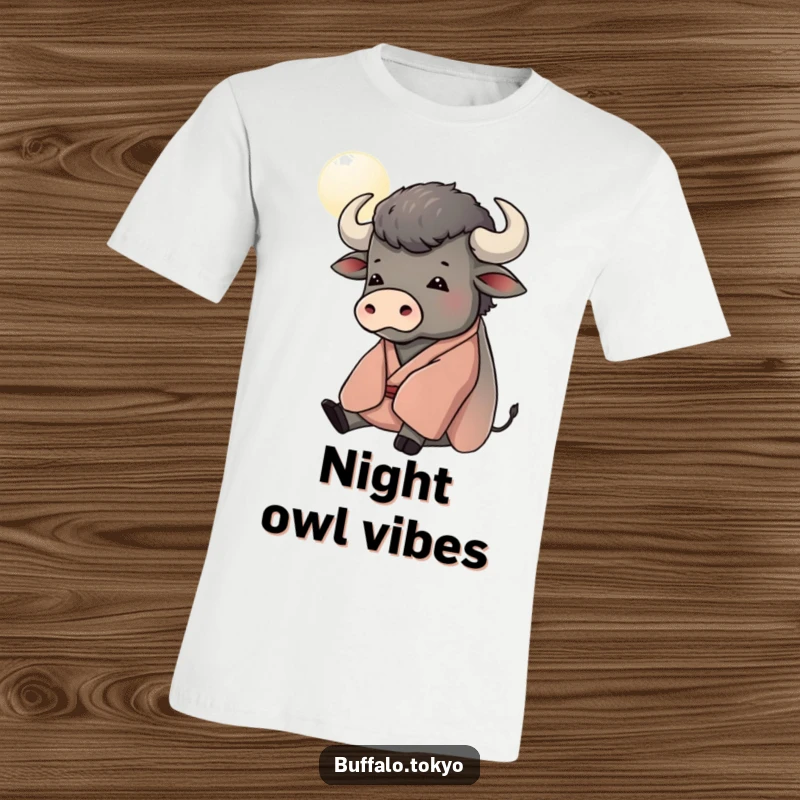 Funny t-shirt showing a contented buffalo wearing a kimono, gazing thoughtfully at a stylized moon, capturing a serene mood.
