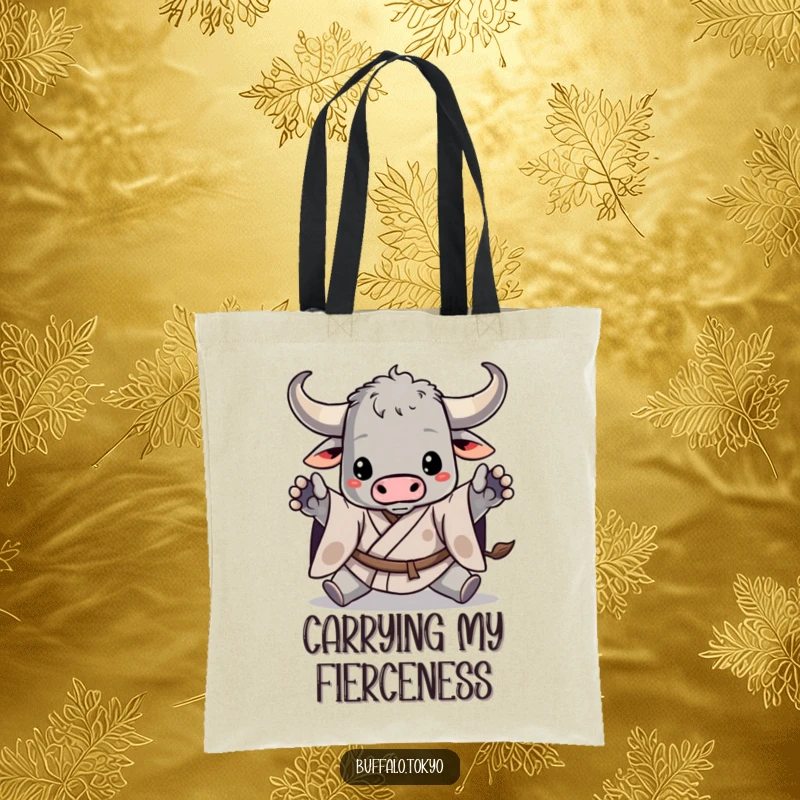 Funny tote bag showcasing a stylized buffalo in a kimono, performing a dynamic pose with paws outstretched, ideal for stylish and humorous errands.