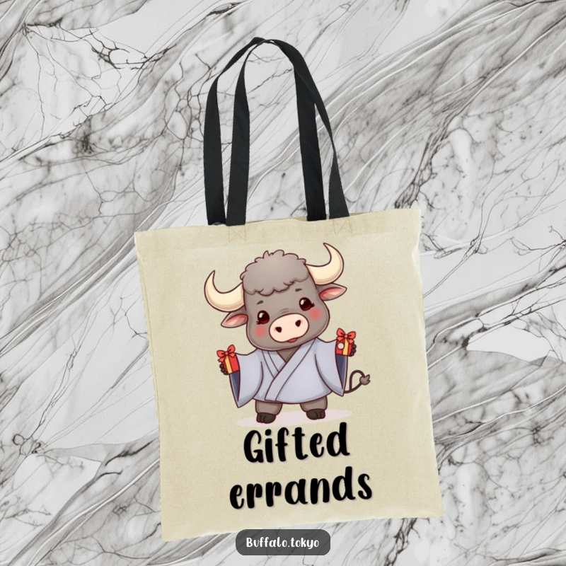 Funny tote bag with a friendly buffalo in a kimono, offering a decorated gift, perfect for carrying presents or daily essentials.