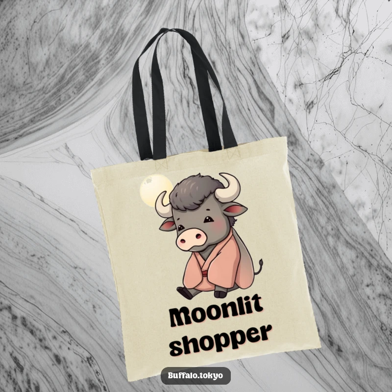 Funny tote bag with a contented buffalo in a kimono, gazing at a stylized moon, perfect for carrying essentials peacefully.