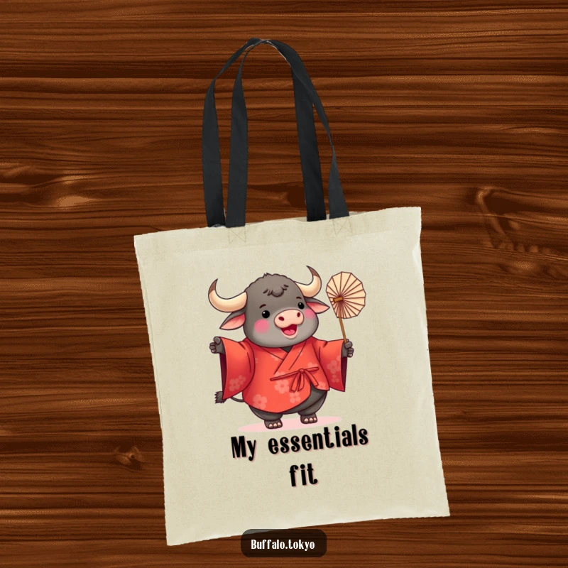 Funny Buffalo Kimono Tote Bag with a plump, round buffalo wearing a vibrant red kimono and twirling a delicate paper fan, ideal for everyday use.