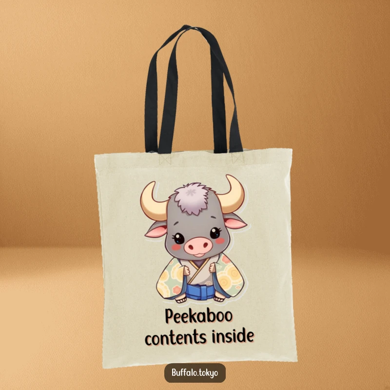 Funny smiling buffalo peeking from behind a large, patterned kimono, featured on a humorous tote bag.